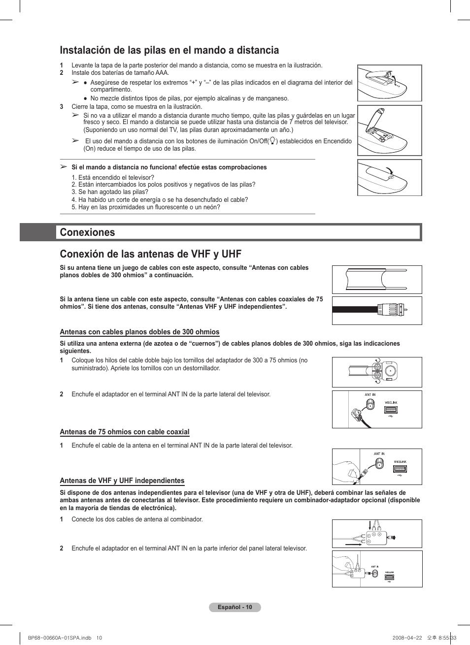 Instalación de las pilas en el mando a distancia, Conexiones conexión de las antenas de vhf y uhf | Samsung HL72A650 User Manual | Page 111 / 195