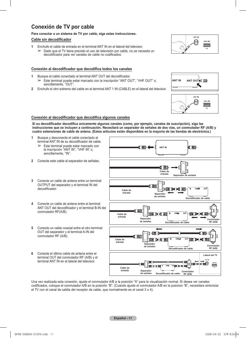 Conexión de tv por cable, Cable sin decodificador | Samsung HL72A650 User Manual | Page 112 / 195