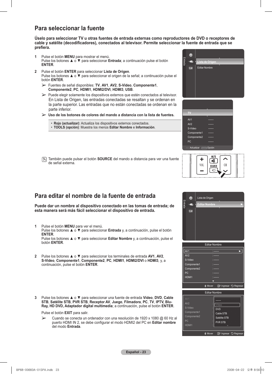 Para seleccionar la fuente, Para editar el nombre de la fuente de entrada, Continúa | Samsung HL72A650 User Manual | Page 124 / 195