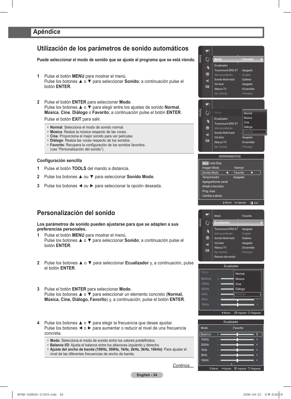 Personalización del sonido, Apéndice, Continúa | Samsung HL72A650 User Manual | Page 135 / 195