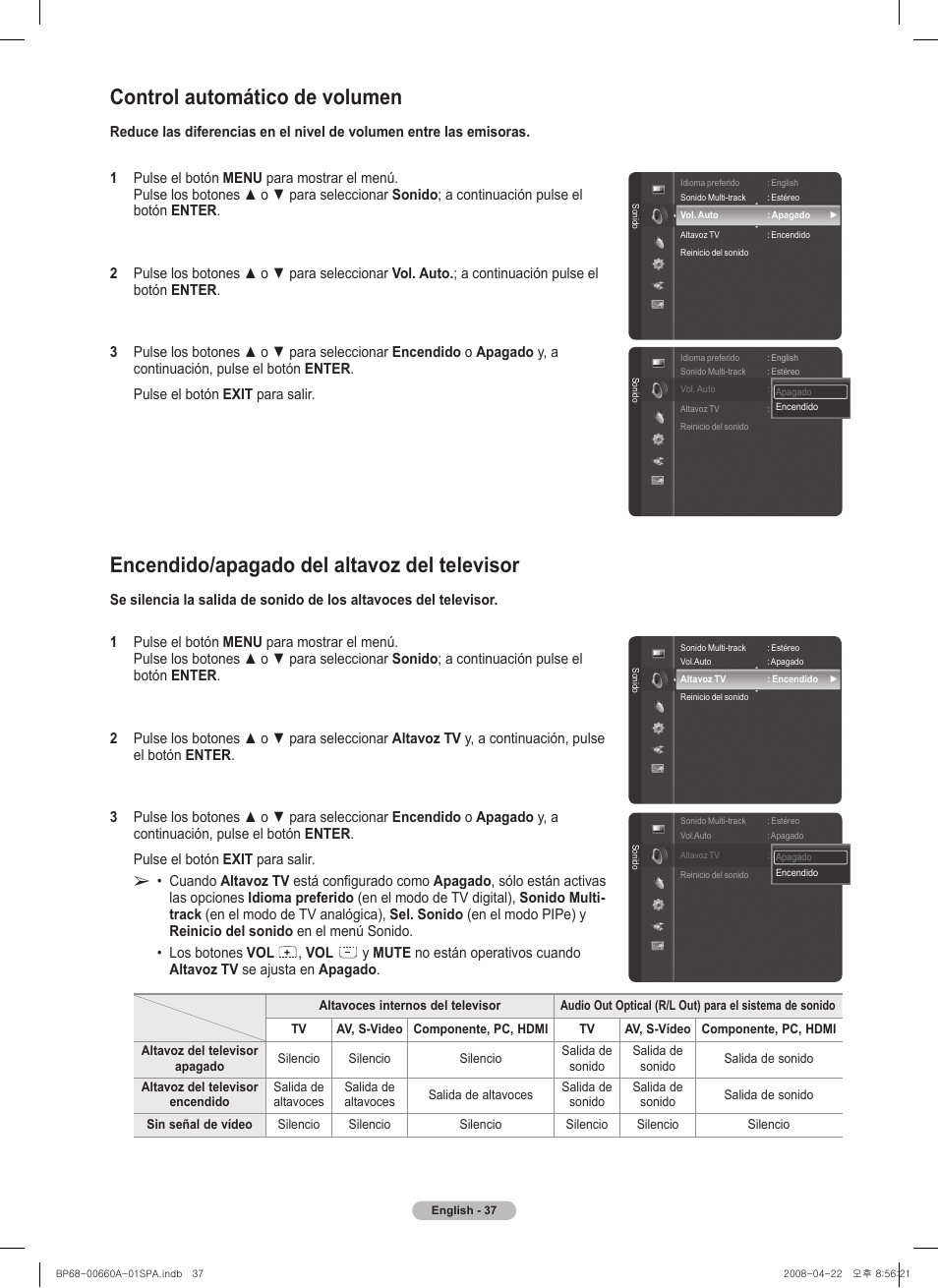 Control automático de volumen, Encendido/apagado del altavoz del televisor | Samsung HL72A650 User Manual | Page 138 / 195