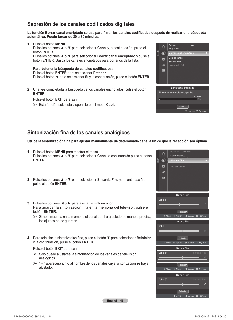 Supresión de los canales codificados digitales, Sintonización fina de los canales analógicos | Samsung HL72A650 User Manual | Page 146 / 195