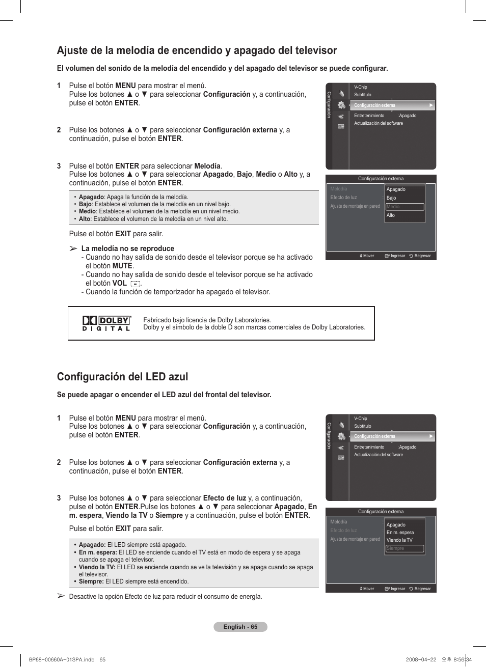 Configuración del led azul | Samsung HL72A650 User Manual | Page 166 / 195