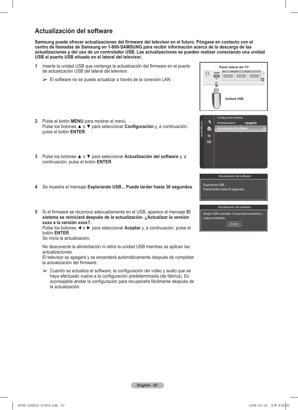 Actualización del software | Samsung HL72A650 User Manual | Page 168 / 195