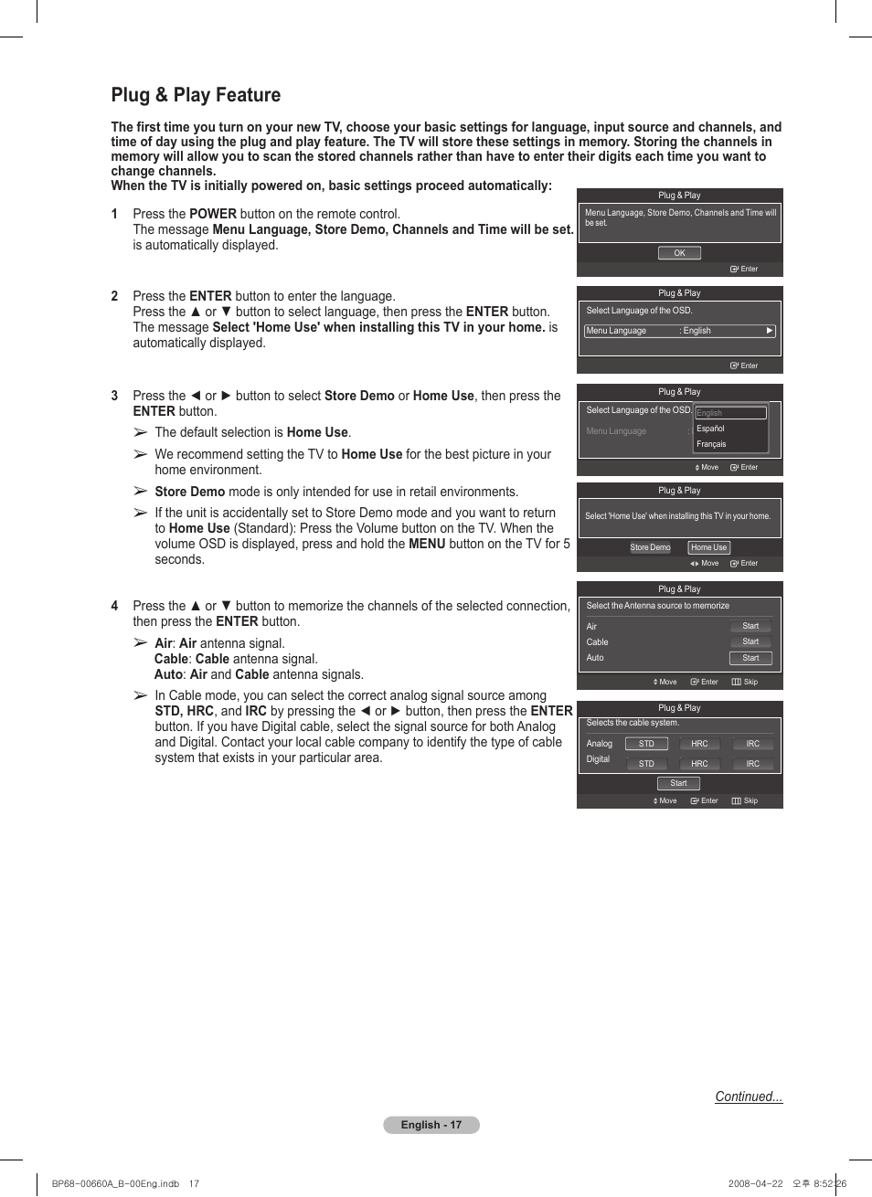 Plug & play feature | Samsung HL72A650 User Manual | Page 17 / 195