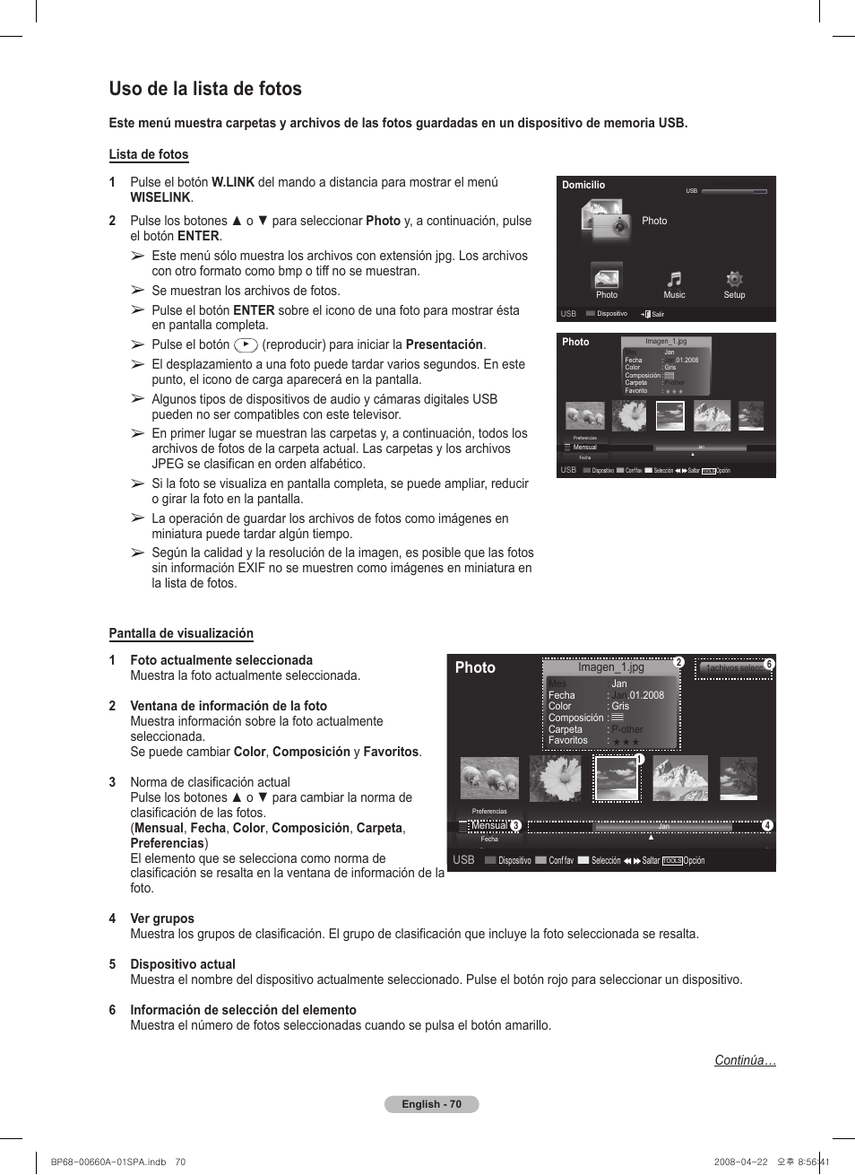 Uso de la lista de fotos, Photo | Samsung HL72A650 User Manual | Page 171 / 195