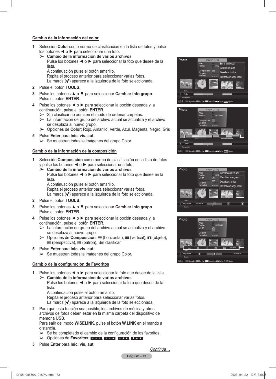 Opciones de favoritos, Se muestran todas la imágenes del grupo color | Samsung HL72A650 User Manual | Page 174 / 195