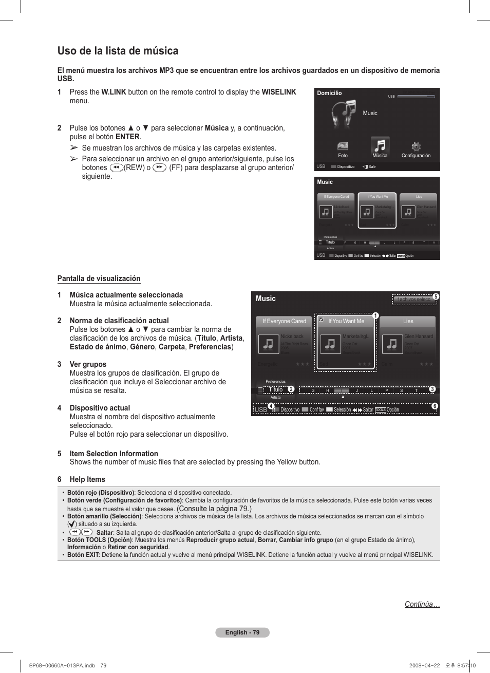 Uso de la lista de música, Rew) o, Consulte la página 79.) | Continúa, Music | Samsung HL72A650 User Manual | Page 180 / 195