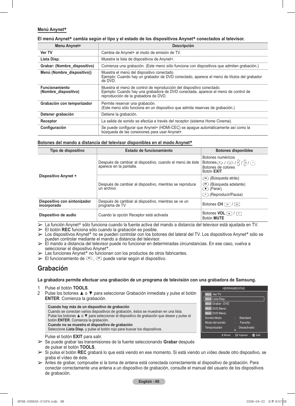 Grabación | Samsung HL72A650 User Manual | Page 189 / 195