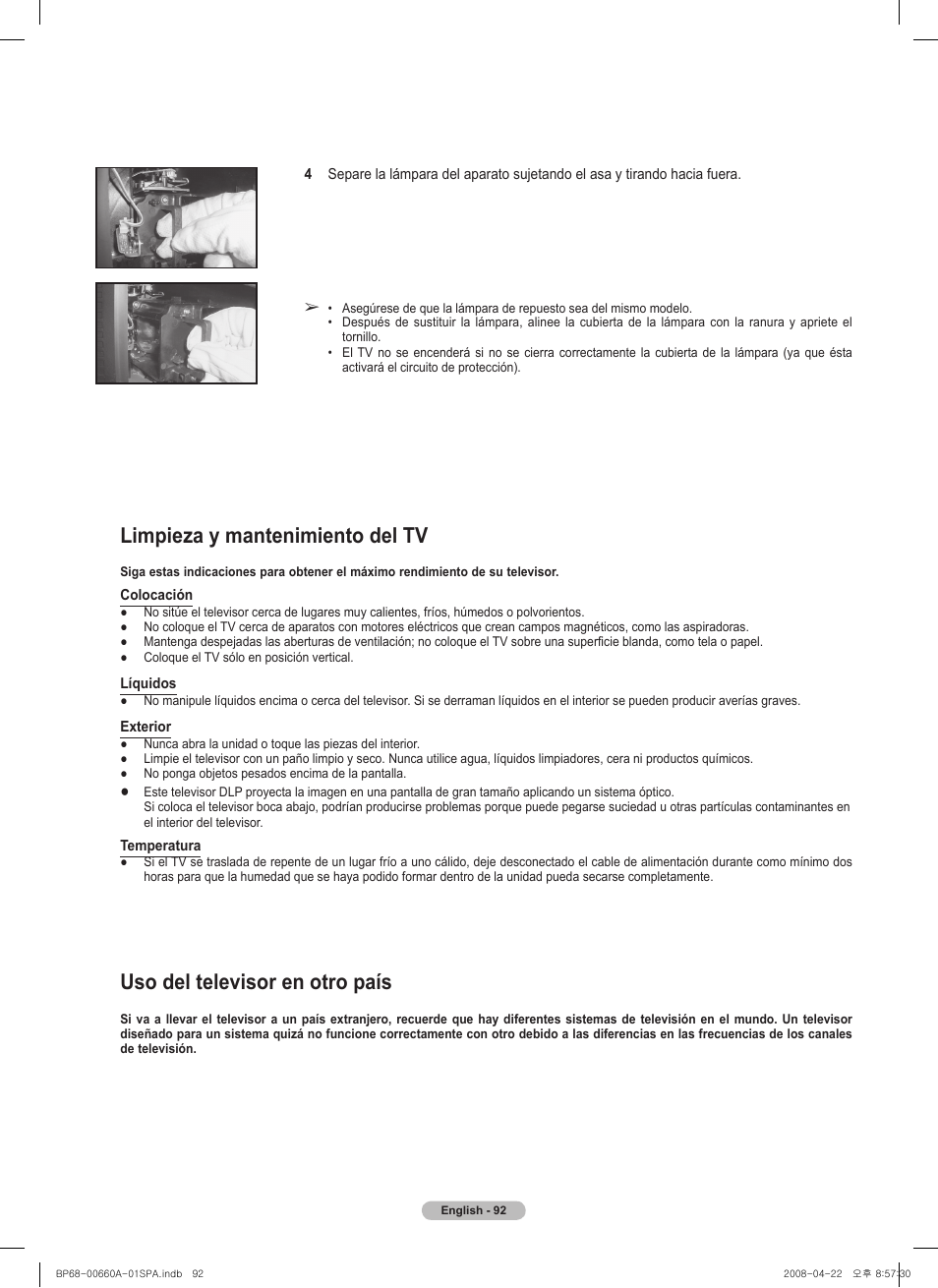 Limpieza y mantenimiento del tv, Uso del televisor en otro país | Samsung HL72A650 User Manual | Page 193 / 195