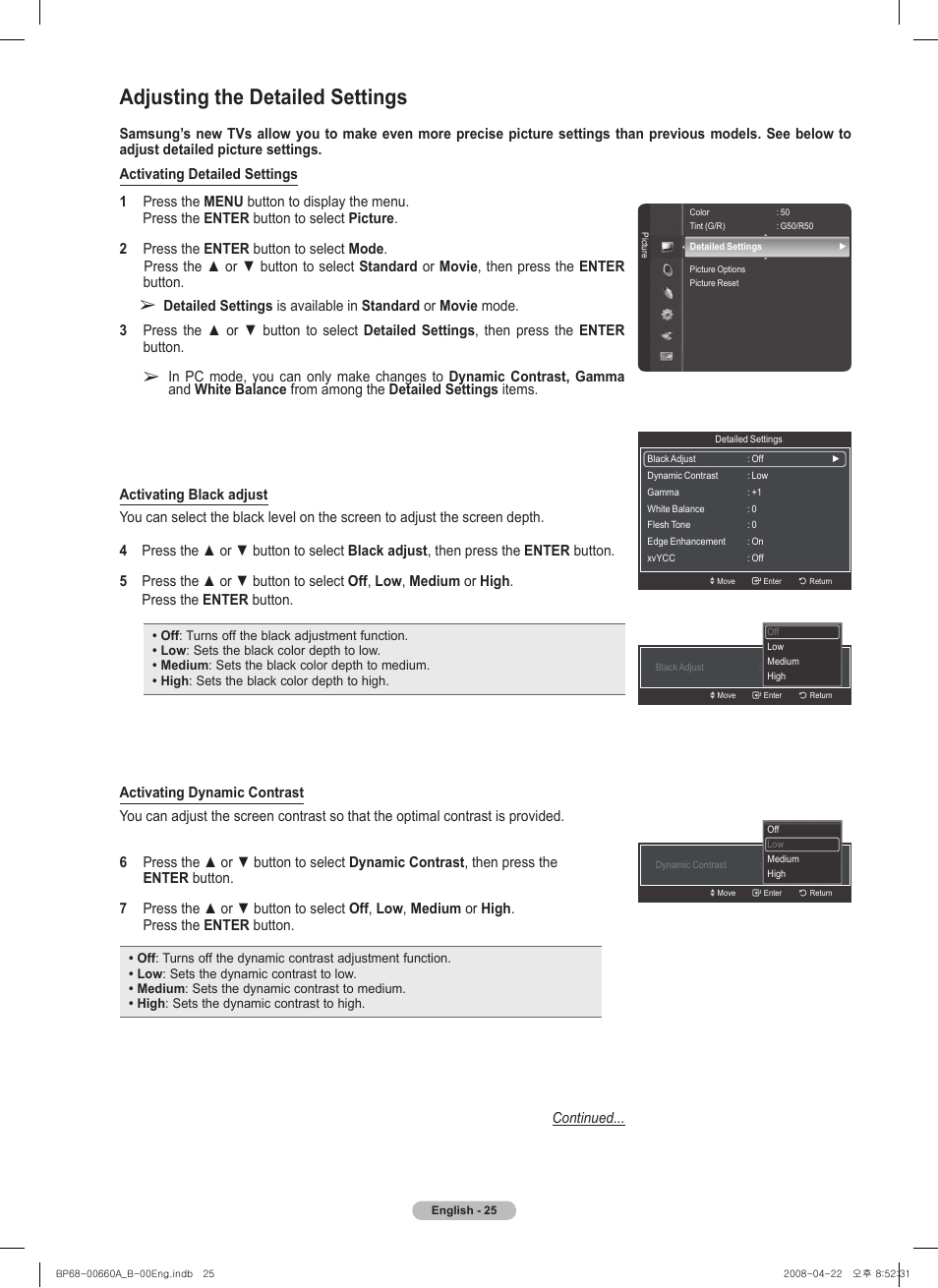 Adjusting the detailed settings | Samsung HL72A650 User Manual | Page 25 / 195