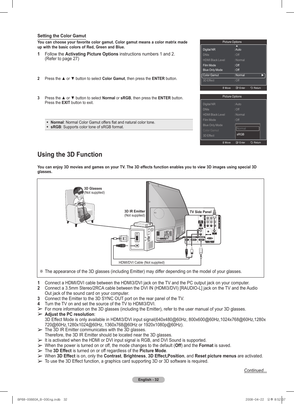 Using the 3d function, Using the d function | Samsung HL72A650 User Manual | Page 32 / 195