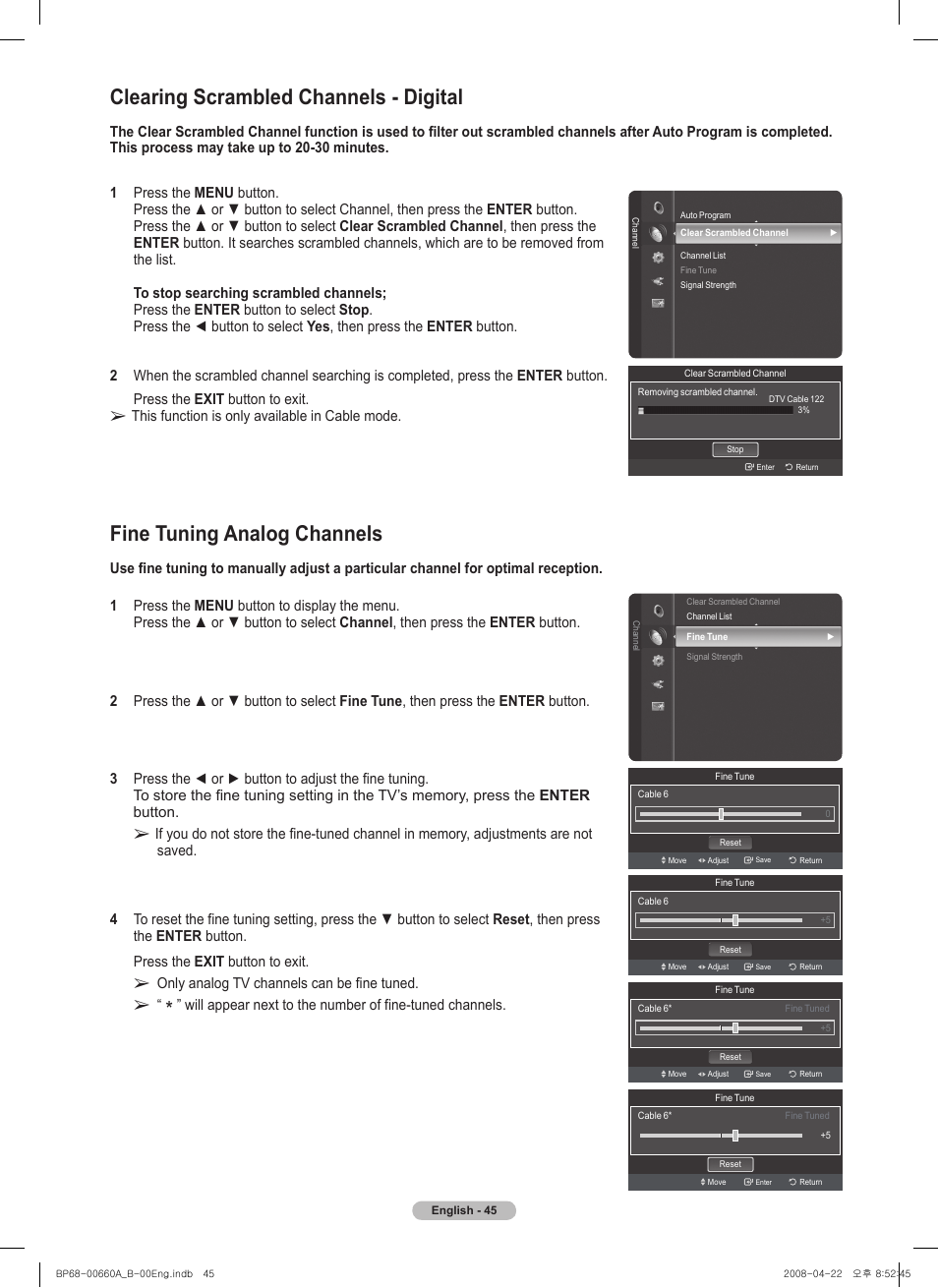 Clearing scrambled channels - digital, Fine tuning analog channels | Samsung HL72A650 User Manual | Page 45 / 195