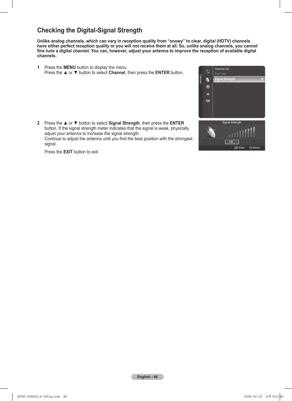 Checking the digital-signal strength | Samsung HL72A650 User Manual | Page 46 / 195