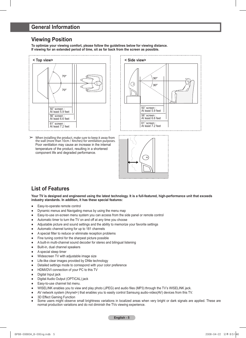 General information, Viewing position, List of features | General information viewing position | Samsung HL72A650 User Manual | Page 5 / 195