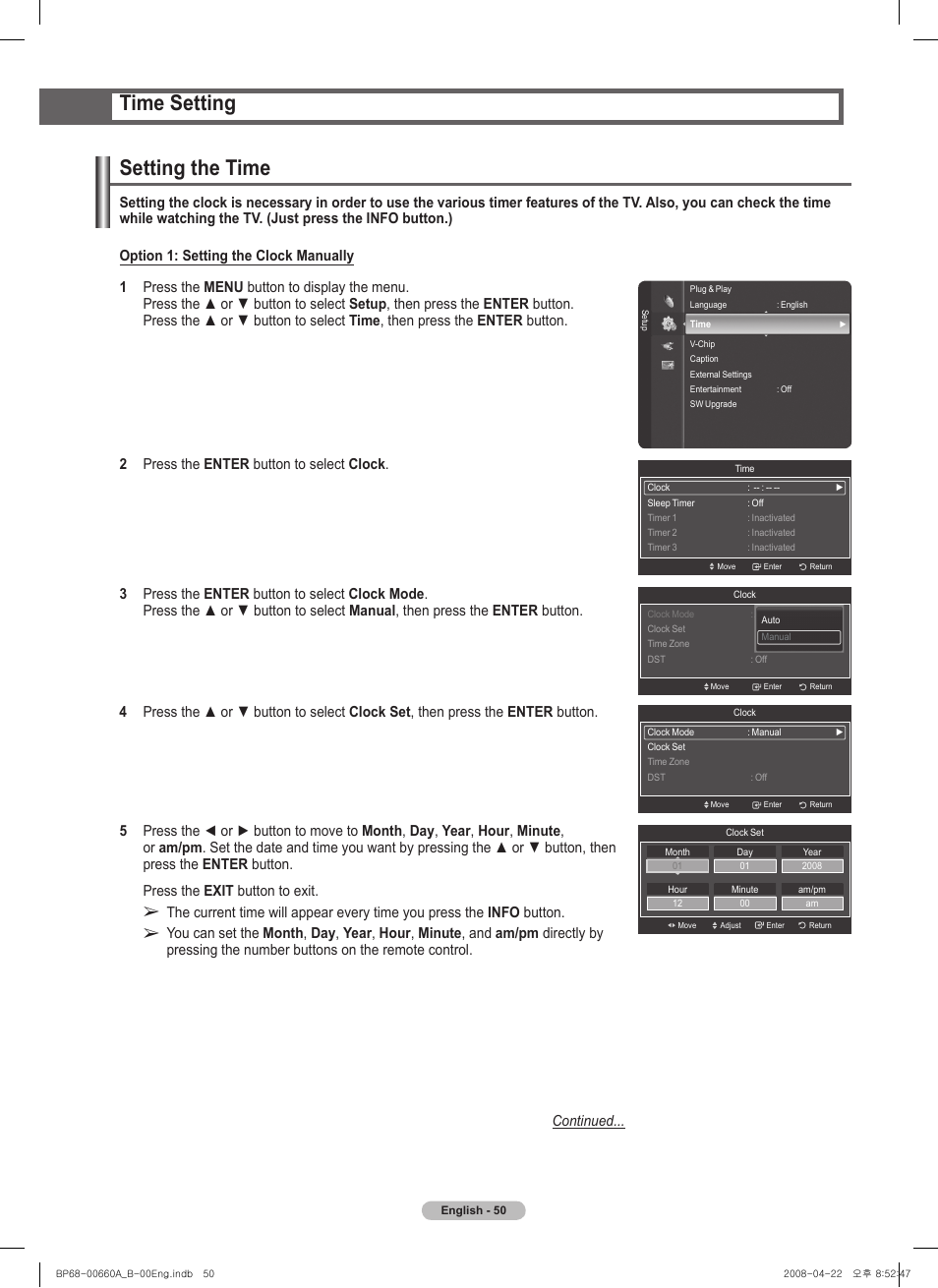 Time setting, Setting the time, Time setting setting the time | Samsung HL72A650 User Manual | Page 50 / 195