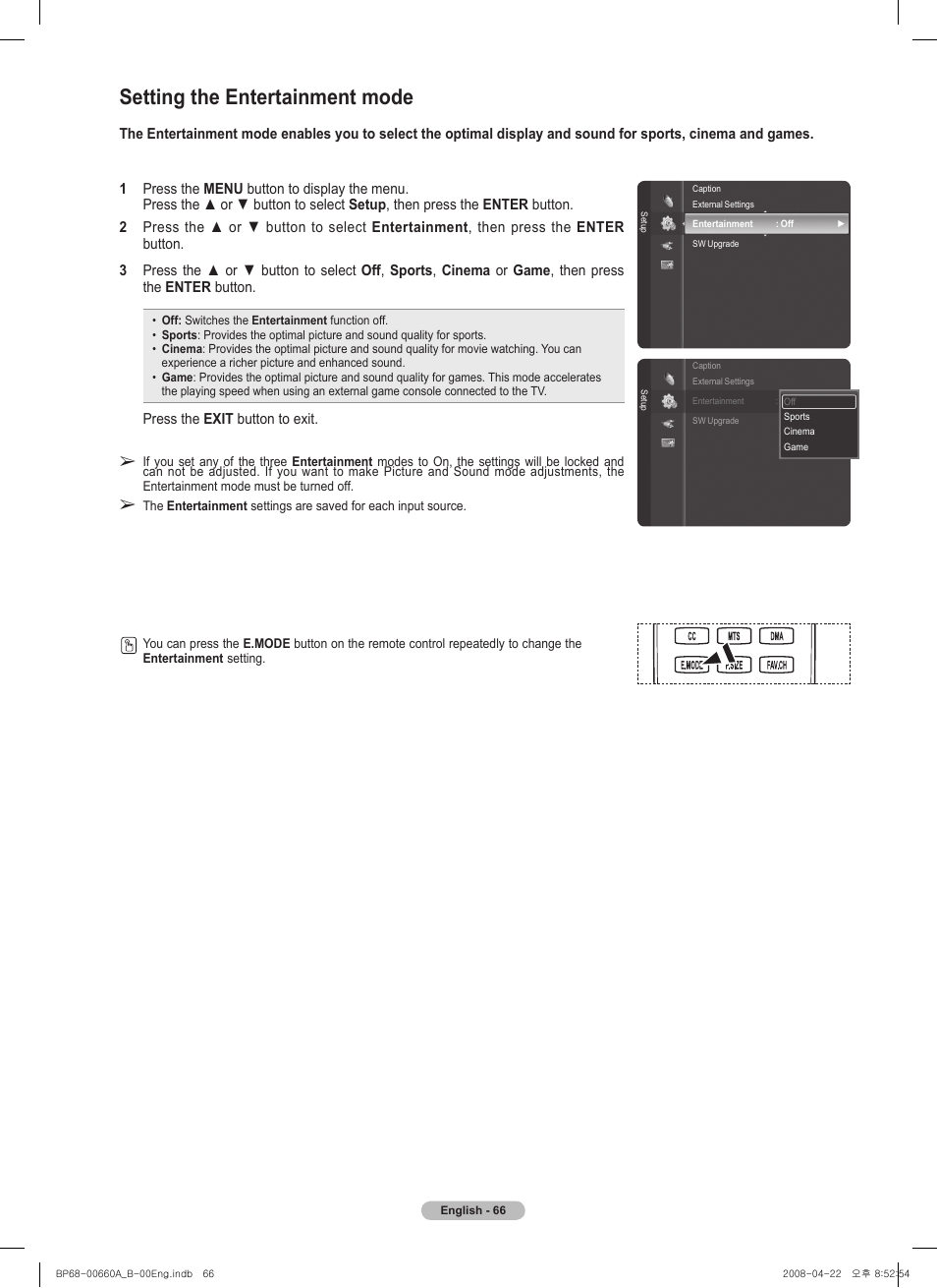 Setting the entertainment mode | Samsung HL72A650 User Manual | Page 66 / 195