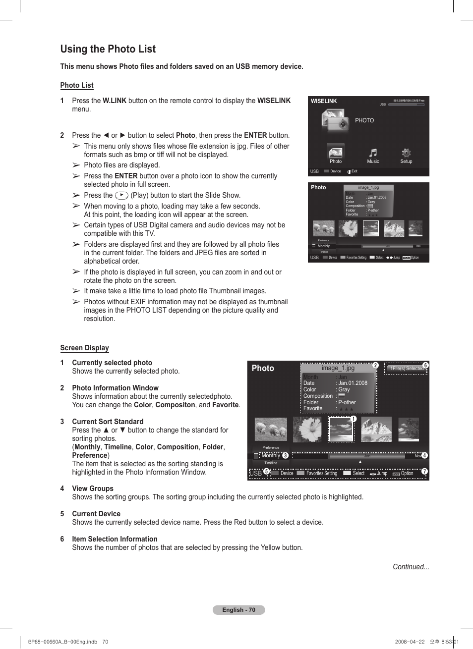 Using the photo list, Photo | Samsung HL72A650 User Manual | Page 70 / 195