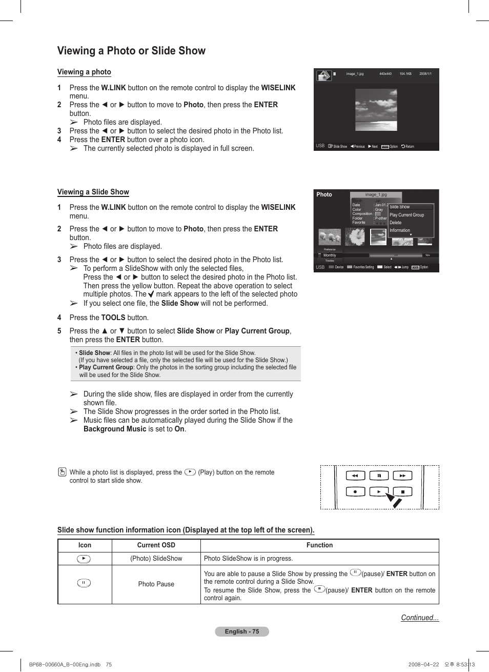 Viewing a photo or slide show, Continued | Samsung HL72A650 User Manual | Page 75 / 195