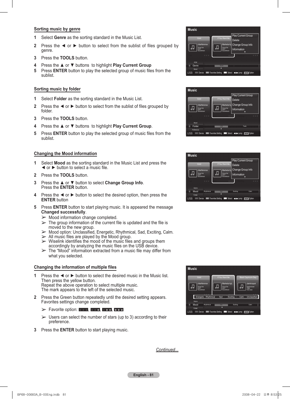 Mood information change completed, All music files are played by the mood group, Favorite option | Samsung HL72A650 User Manual | Page 81 / 195