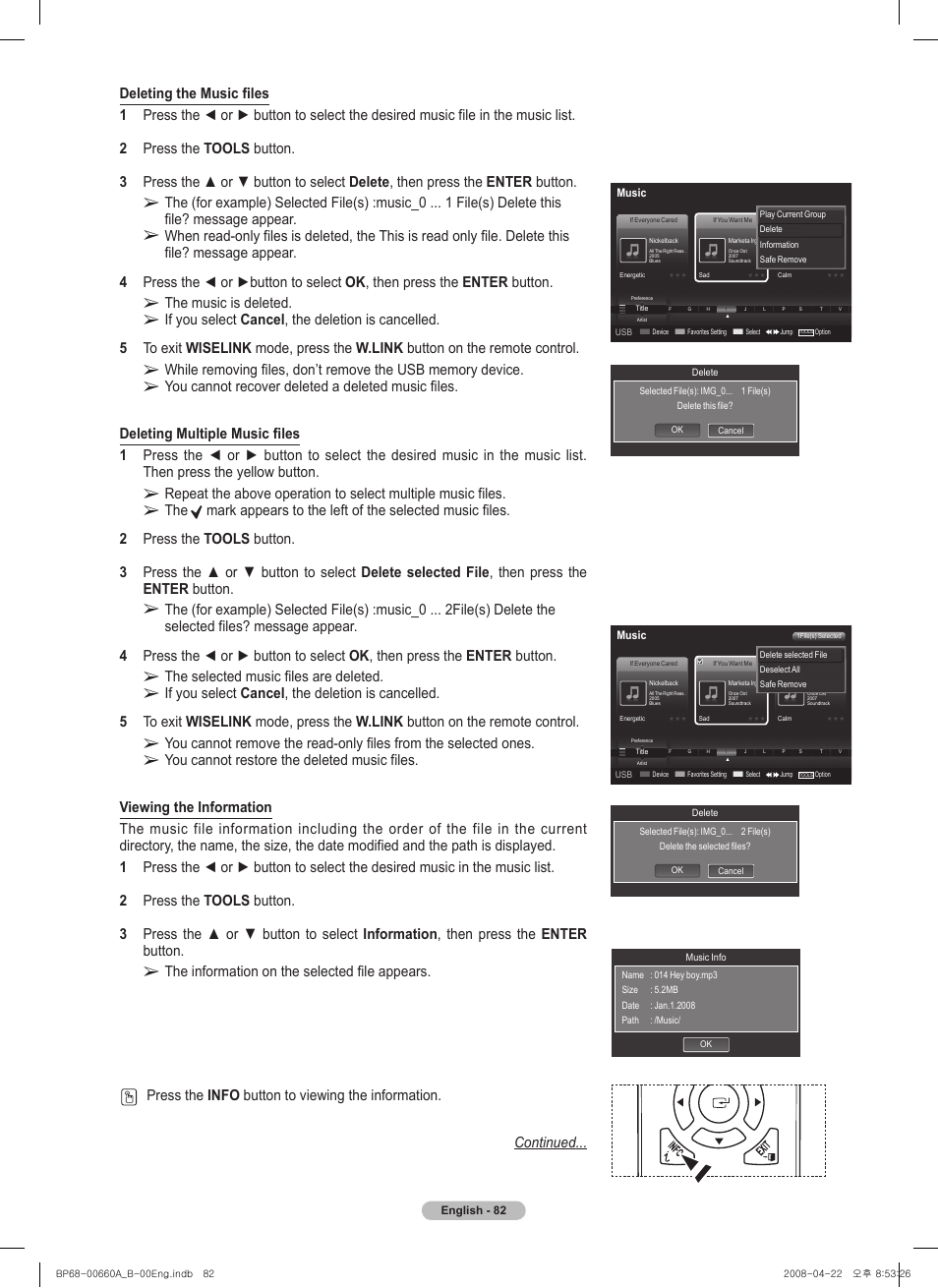 The music is deleted, The selected music files are deleted | Samsung HL72A650 User Manual | Page 82 / 195