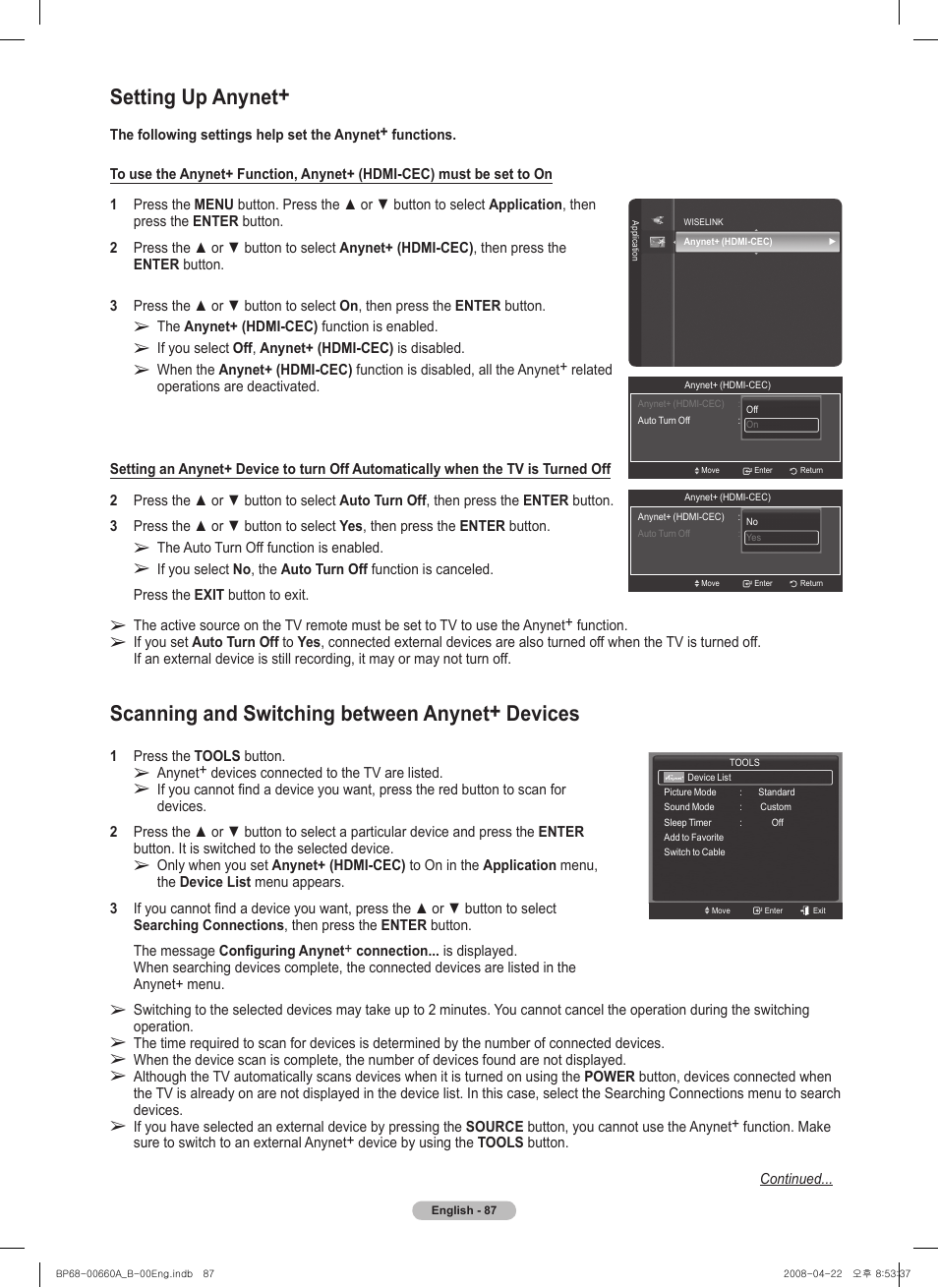 Setting up anynet, Scanning and switching between anynet+ devices | Samsung HL72A650 User Manual | Page 87 / 195