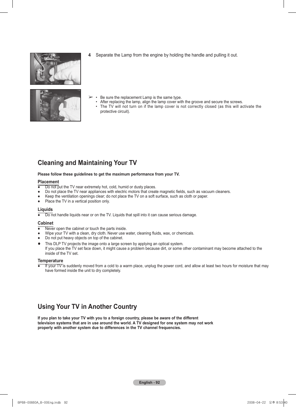 Cleaning and maintaining your tv, Using your tv in another country | Samsung HL72A650 User Manual | Page 92 / 195