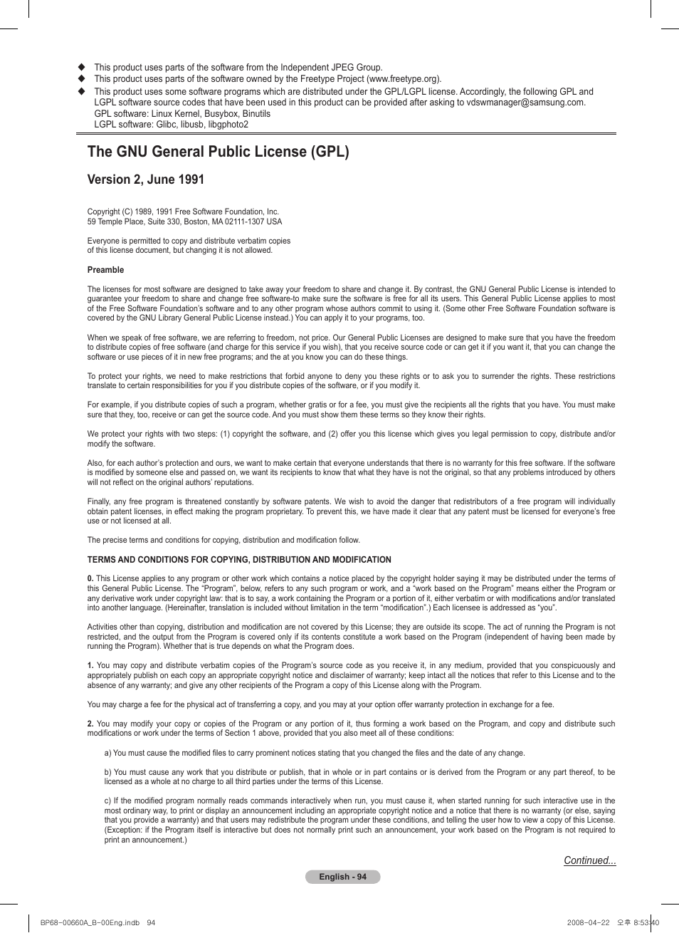 The gnu general public license (gpl), Version , june 11 | Samsung HL72A650 User Manual | Page 94 / 195