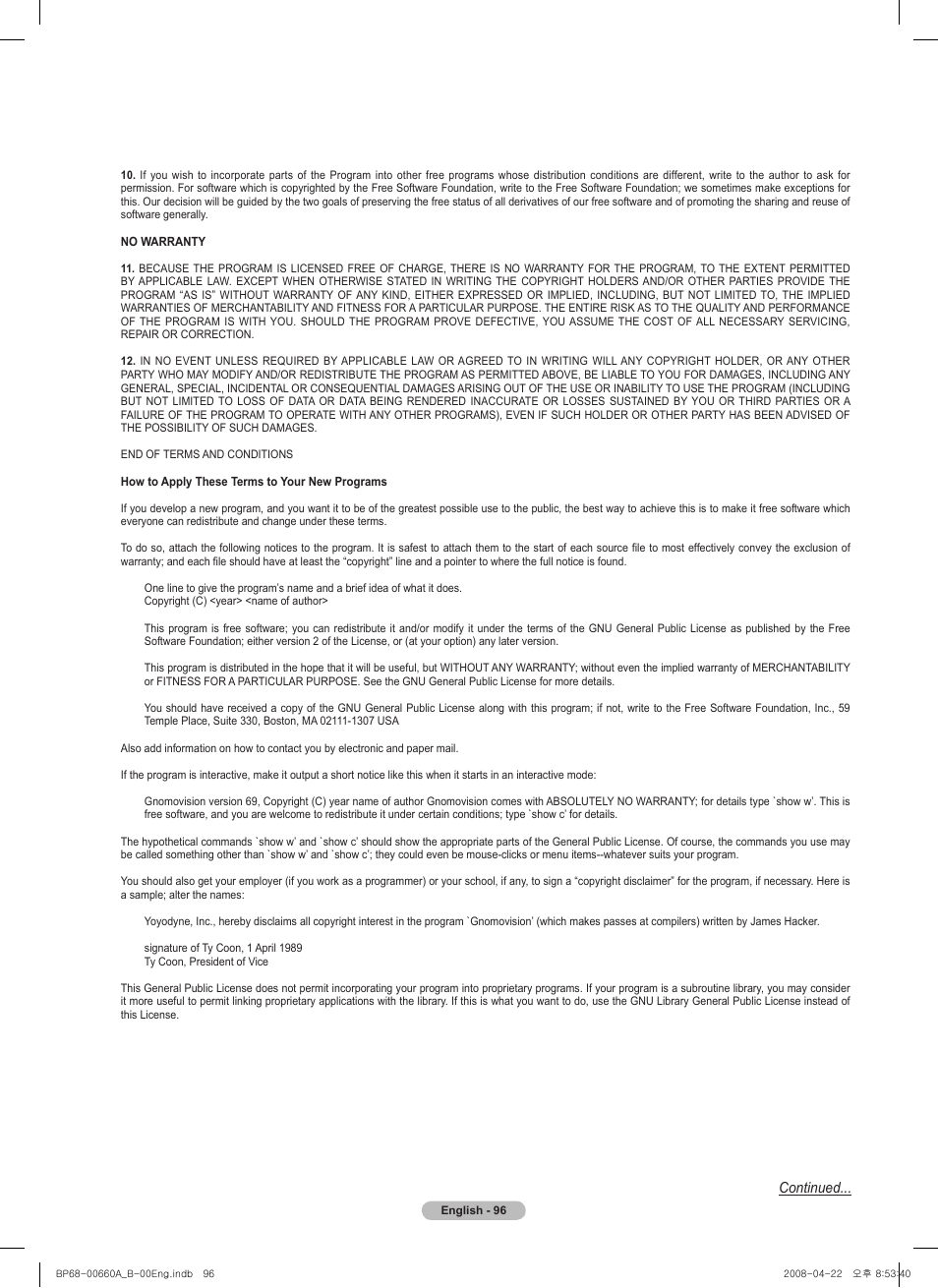 Continued | Samsung HL72A650 User Manual | Page 96 / 195