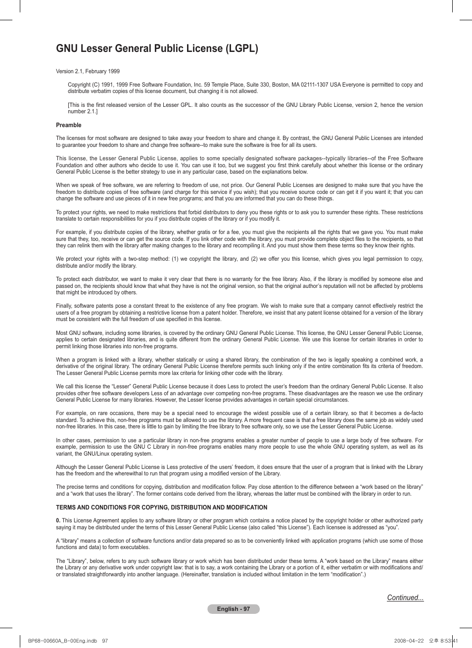 Gnu lesser general public license (lgpl), Continued | Samsung HL72A650 User Manual | Page 97 / 195