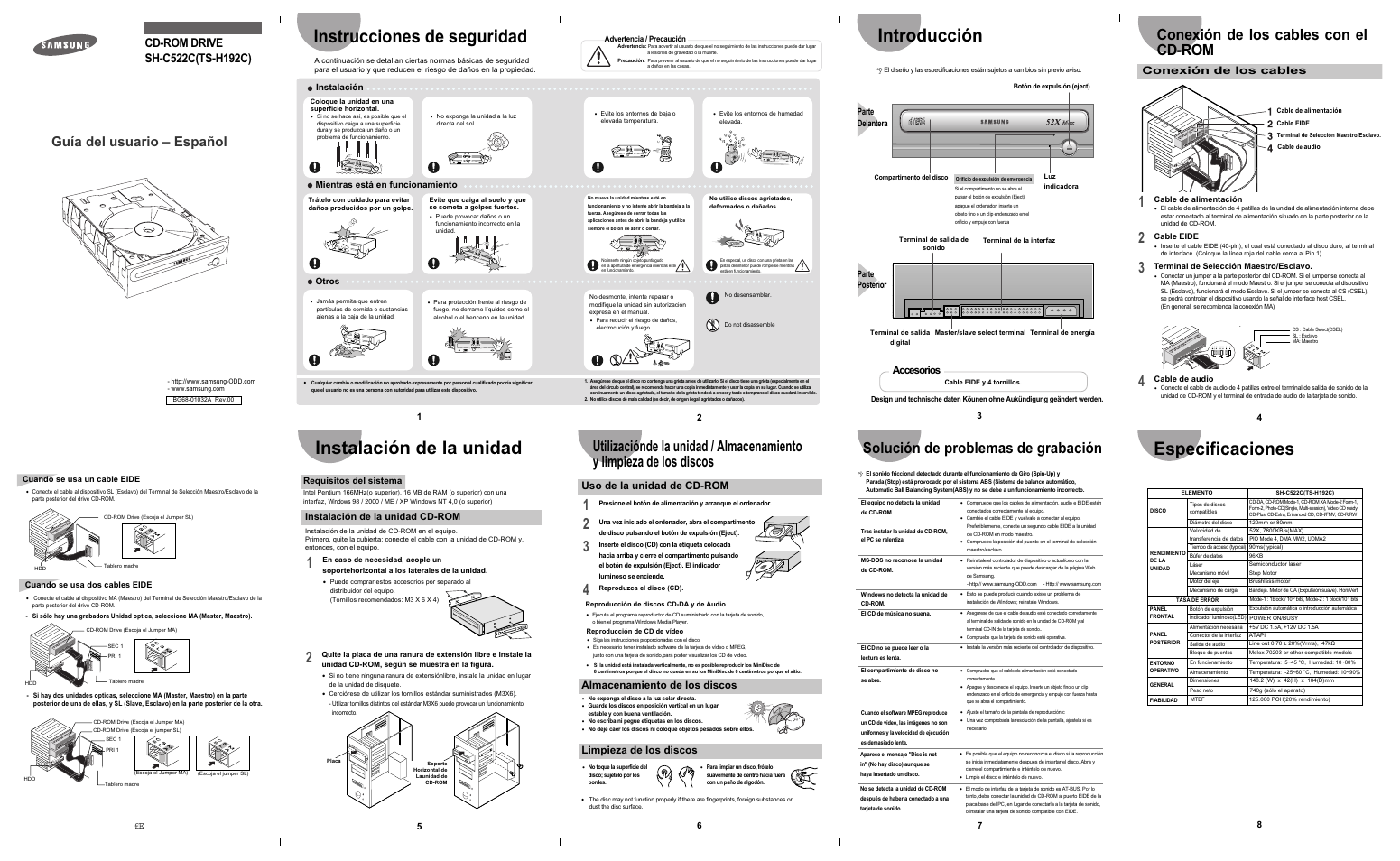 Instrucciones de seguridad, Introducción, Instalación de la unidad | Especificaciones, Conexión de los cables con el cd-rom, Solución de problemas de grabación, Guía del usuario – español, Accesorios, Conexión de los cables, Uso de la unidad de cd-rom | Samsung SH-C522C User Manual | Page 2 / 2