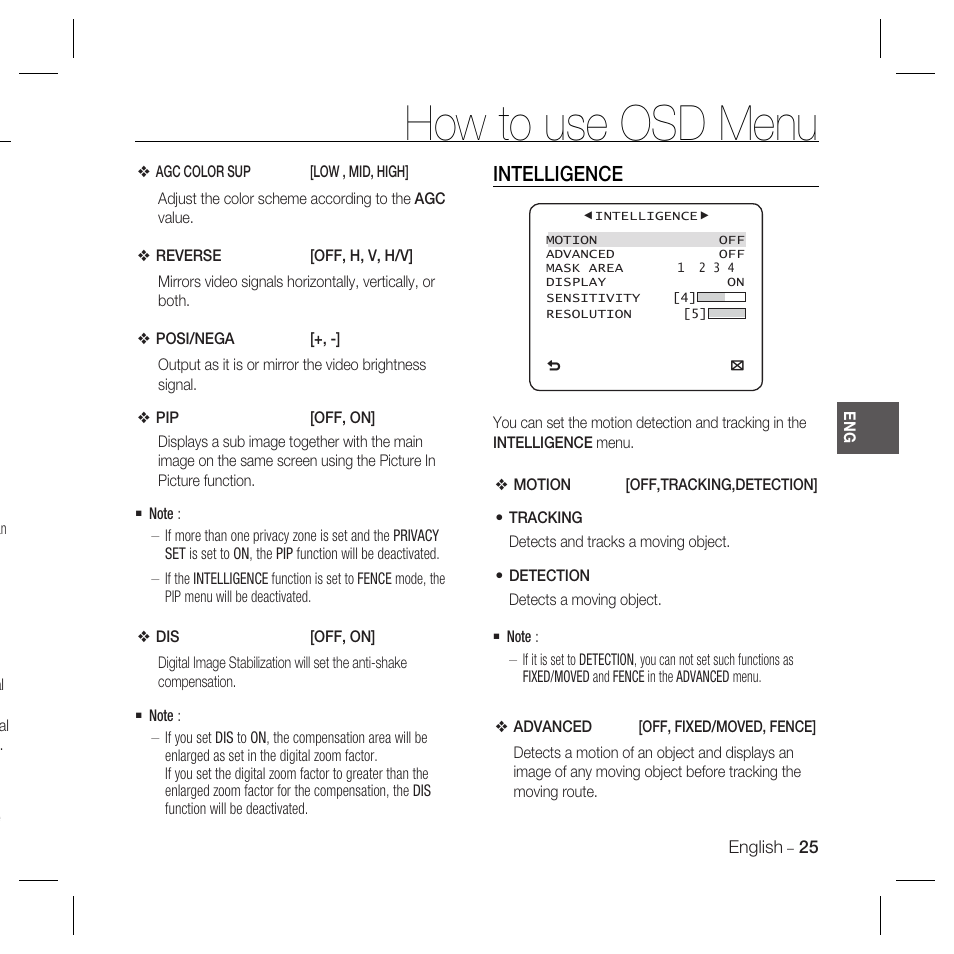 How to use osd menu, Intelligence | Samsung SCC-B5366 User Manual | Page 25 / 35