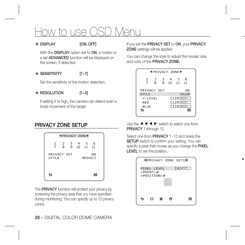 How to use osd menu, Privacy zone setup, Cdef | Samsung SCC-B5366 User Manual | Page 28 / 35