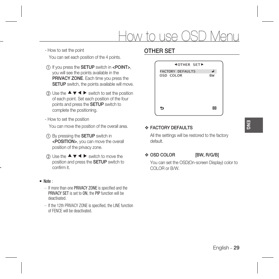How to use osd menu, Other set | Samsung SCC-B5366 User Manual | Page 29 / 35