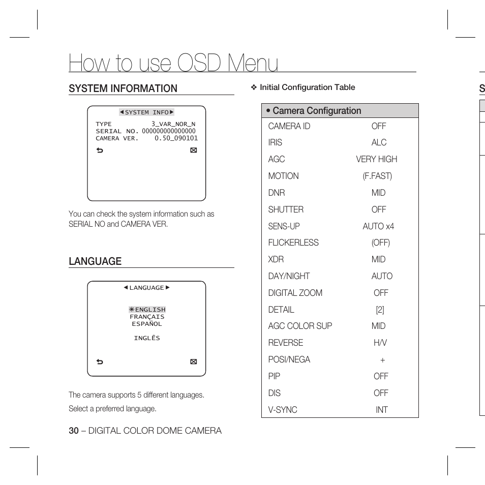 How to use osd menu, System information, Language | Samsung SCC-B5366 User Manual | Page 30 / 35