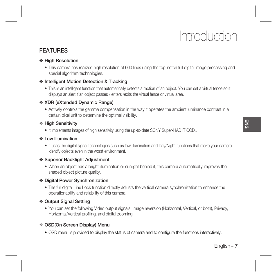 Introduction, Features | Samsung SCC-B5366 User Manual | Page 7 / 35