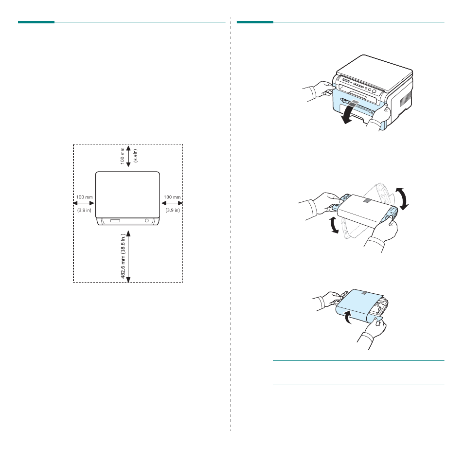 Selecting a location, Installing the toner cartridge | Samsung SCX-4200 User Manual | Page 15 / 93