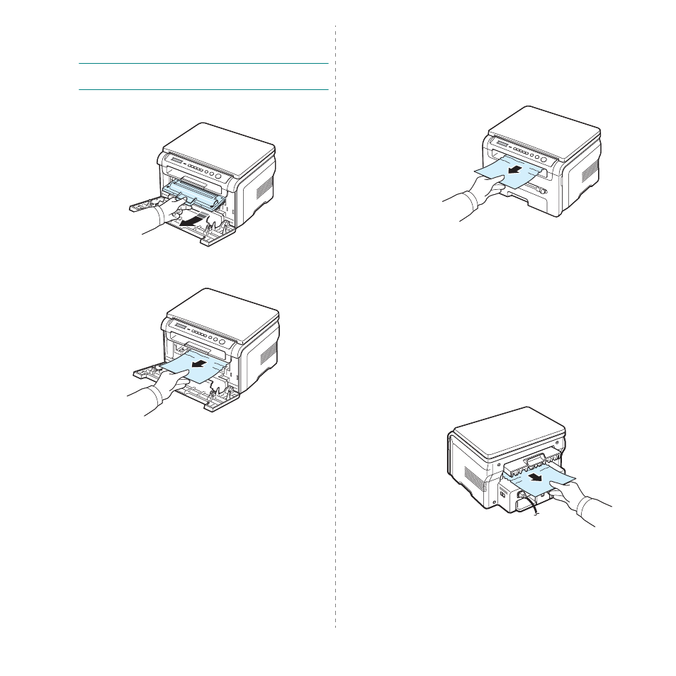 In the fuser area or around the toner cartridge, In the paper exit area | Samsung SCX-4200 User Manual | Page 40 / 93