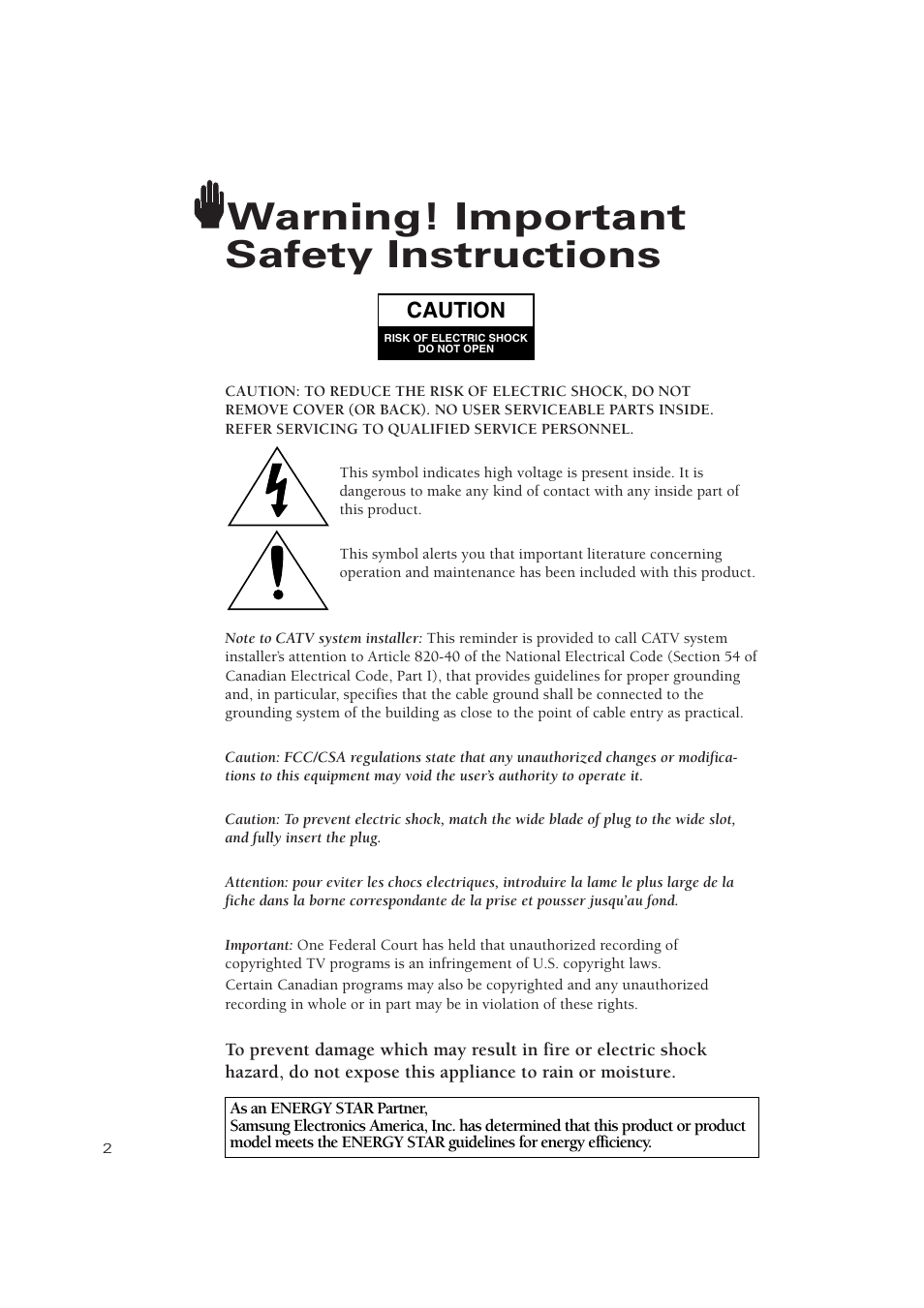 Warning! important safety instructions | Samsung TXN3275HF/TXN2670WHF User Manual | Page 2 / 79