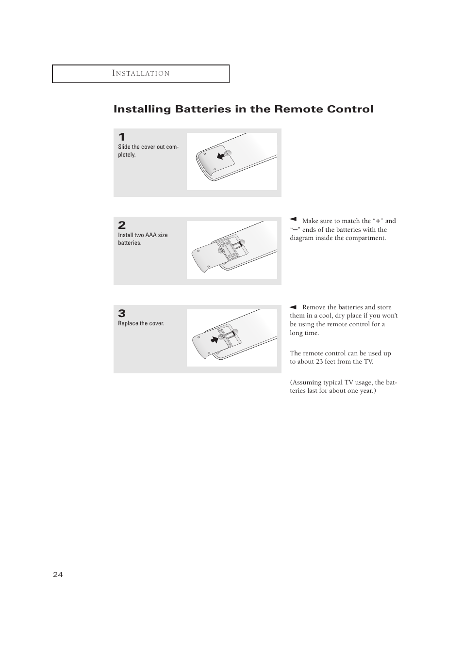 Installing batteries in the remote control | Samsung TXN3275HF/TXN2670WHF User Manual | Page 24 / 79