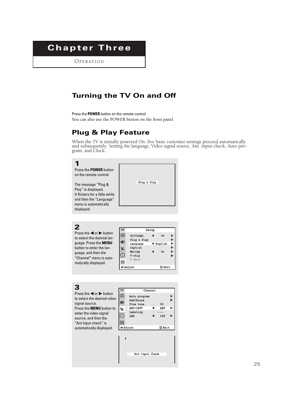 Turning the tv on and off, Plug & play feature | Samsung TXN3275HF/TXN2670WHF User Manual | Page 25 / 79