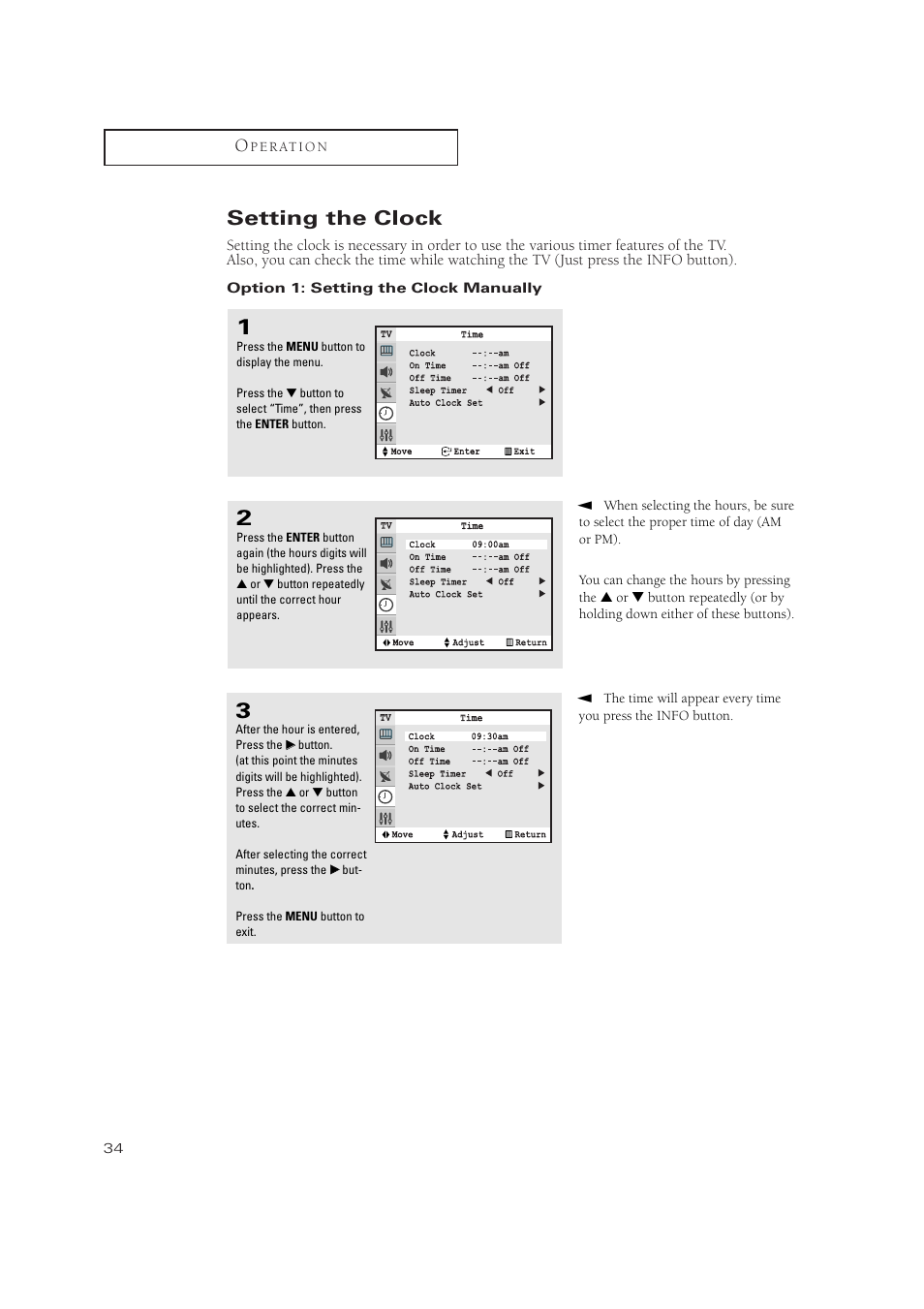 Setting the clock | Samsung TXN3275HF/TXN2670WHF User Manual | Page 34 / 79