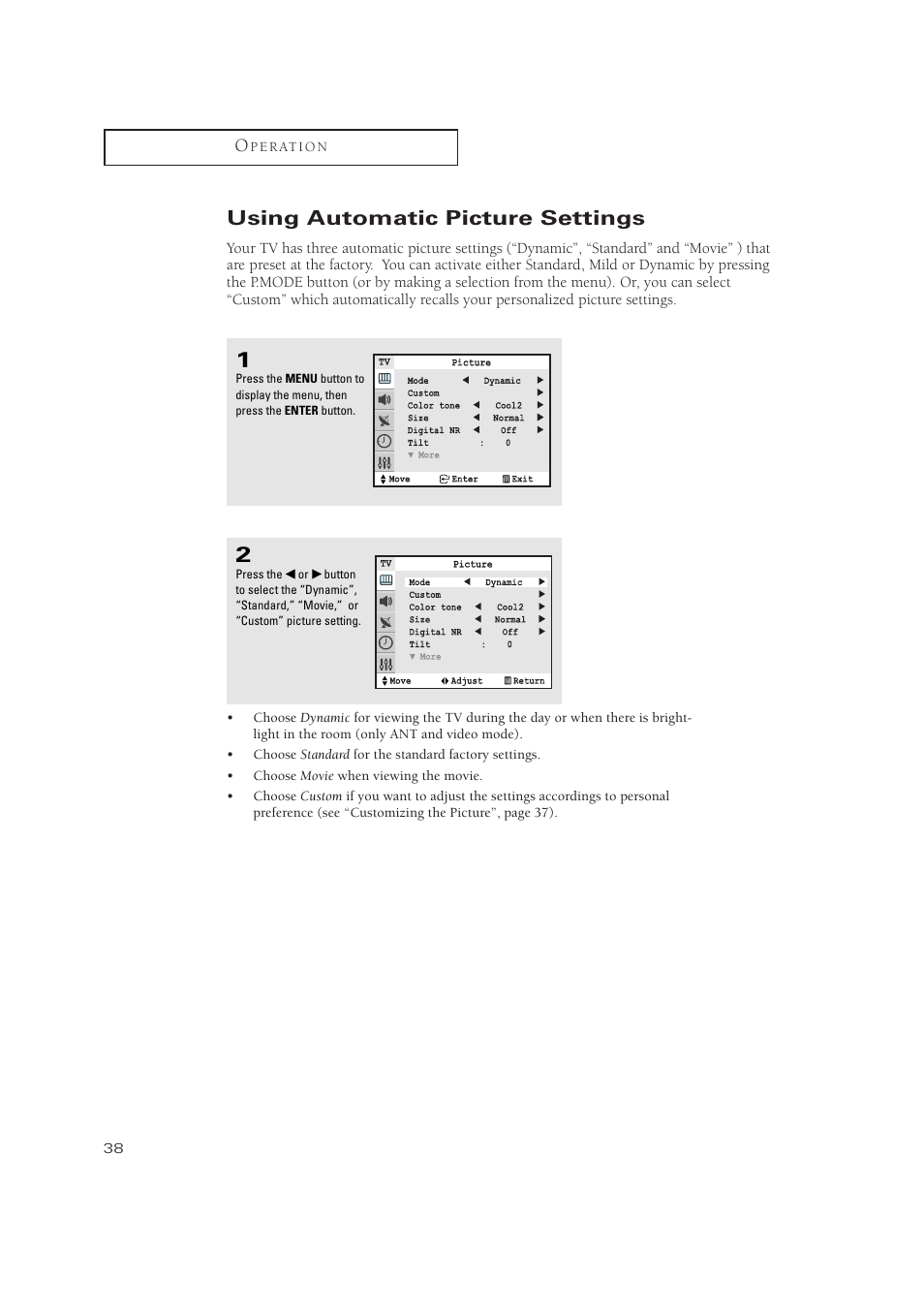 Using automatic picture settings | Samsung TXN3275HF/TXN2670WHF User Manual | Page 38 / 79