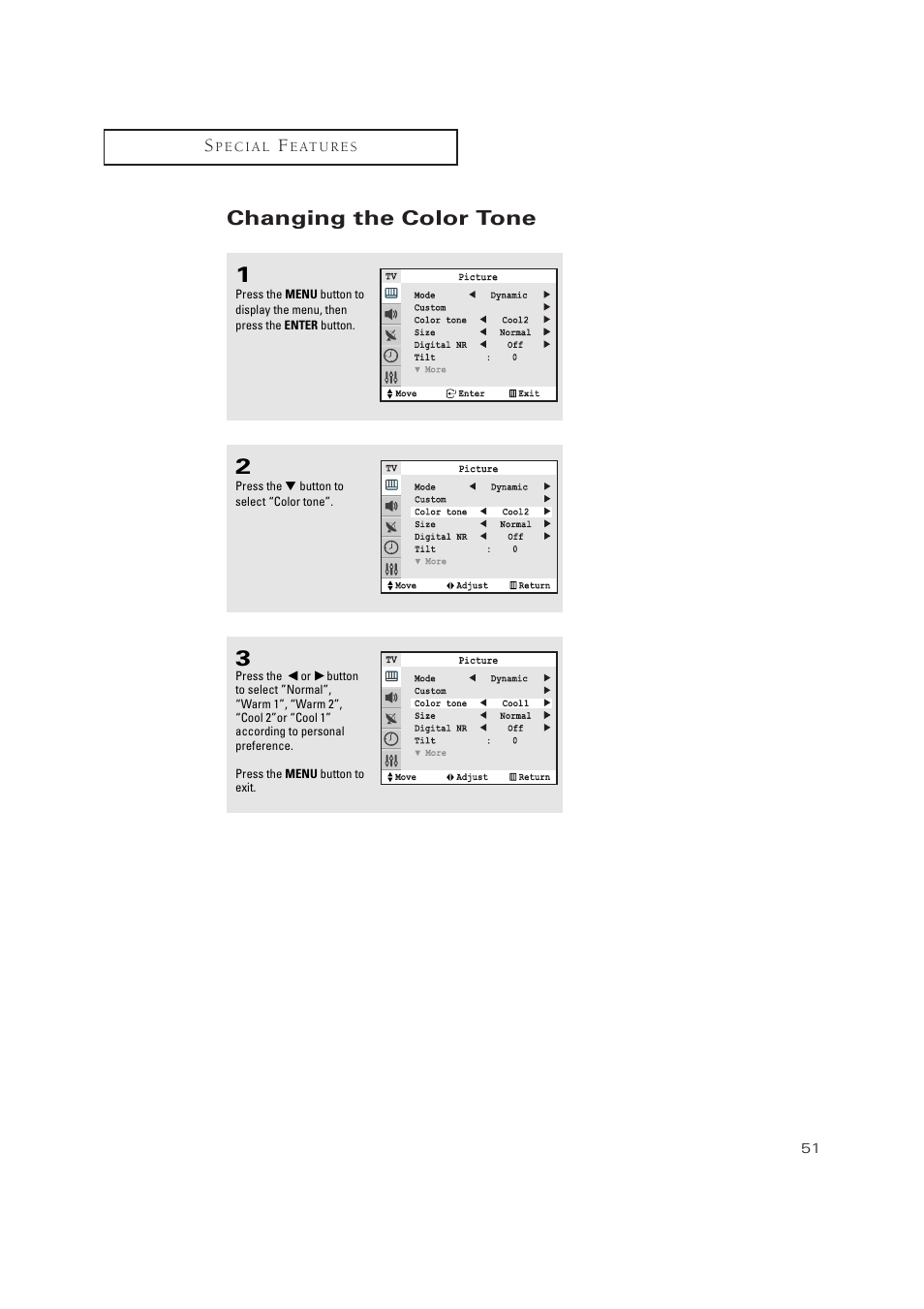 Changing the color tone | Samsung TXN3275HF/TXN2670WHF User Manual | Page 51 / 79