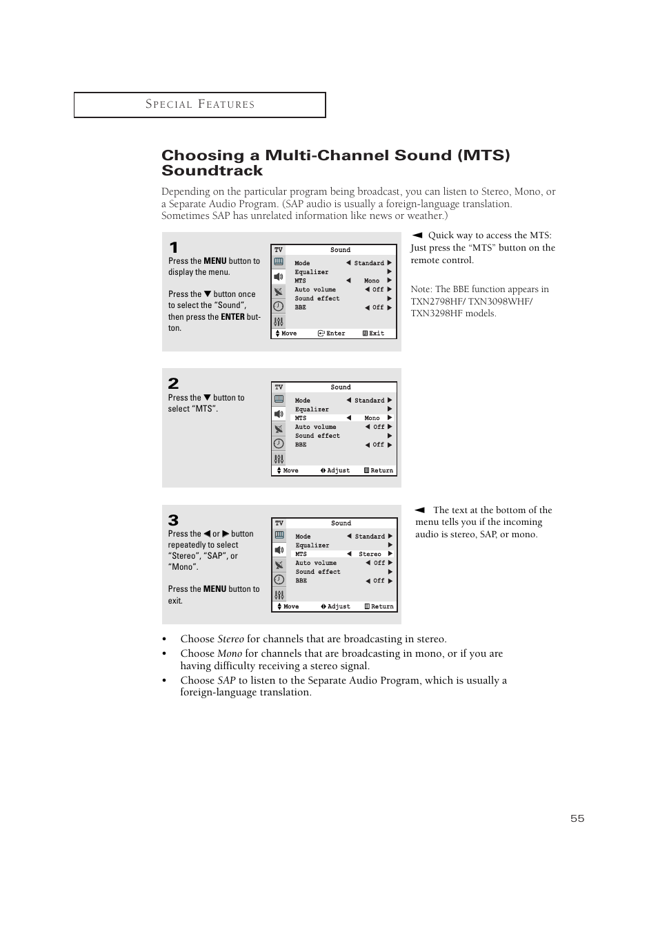 Choosing a multi-channel sound (mts) soundtrack | Samsung TXN3275HF/TXN2670WHF User Manual | Page 55 / 79