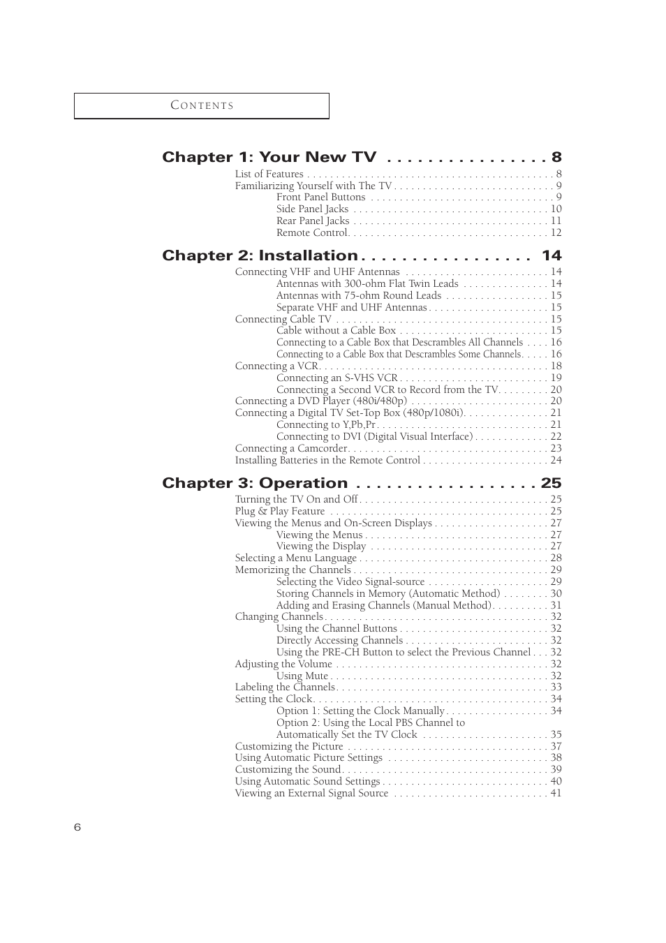 Chapter 1: your new tv, Chapter 2: installation, Chapter 3: operation | Samsung TXN3275HF/TXN2670WHF User Manual | Page 6 / 79