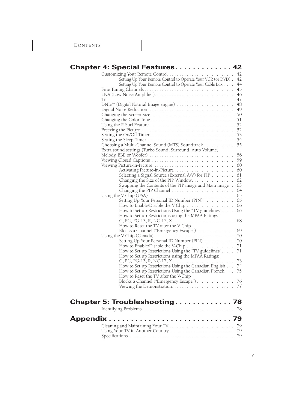 Chapter 4: special features, Chapter 5: troubleshooting, Appendix | Samsung TXN3275HF/TXN2670WHF User Manual | Page 7 / 79