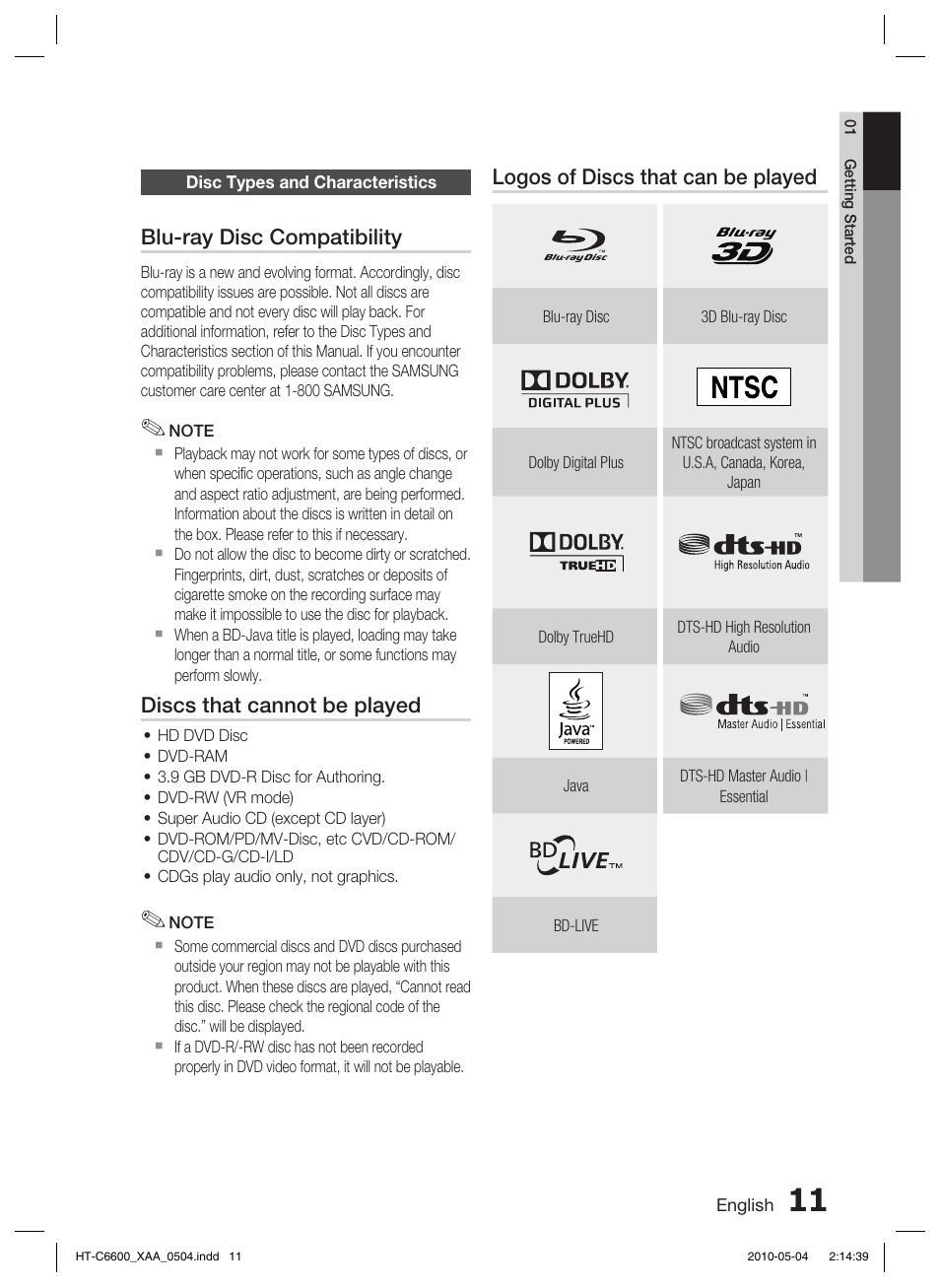 Disc types and characteristics | Samsung AH68-02302R User Manual | Page 11 / 73