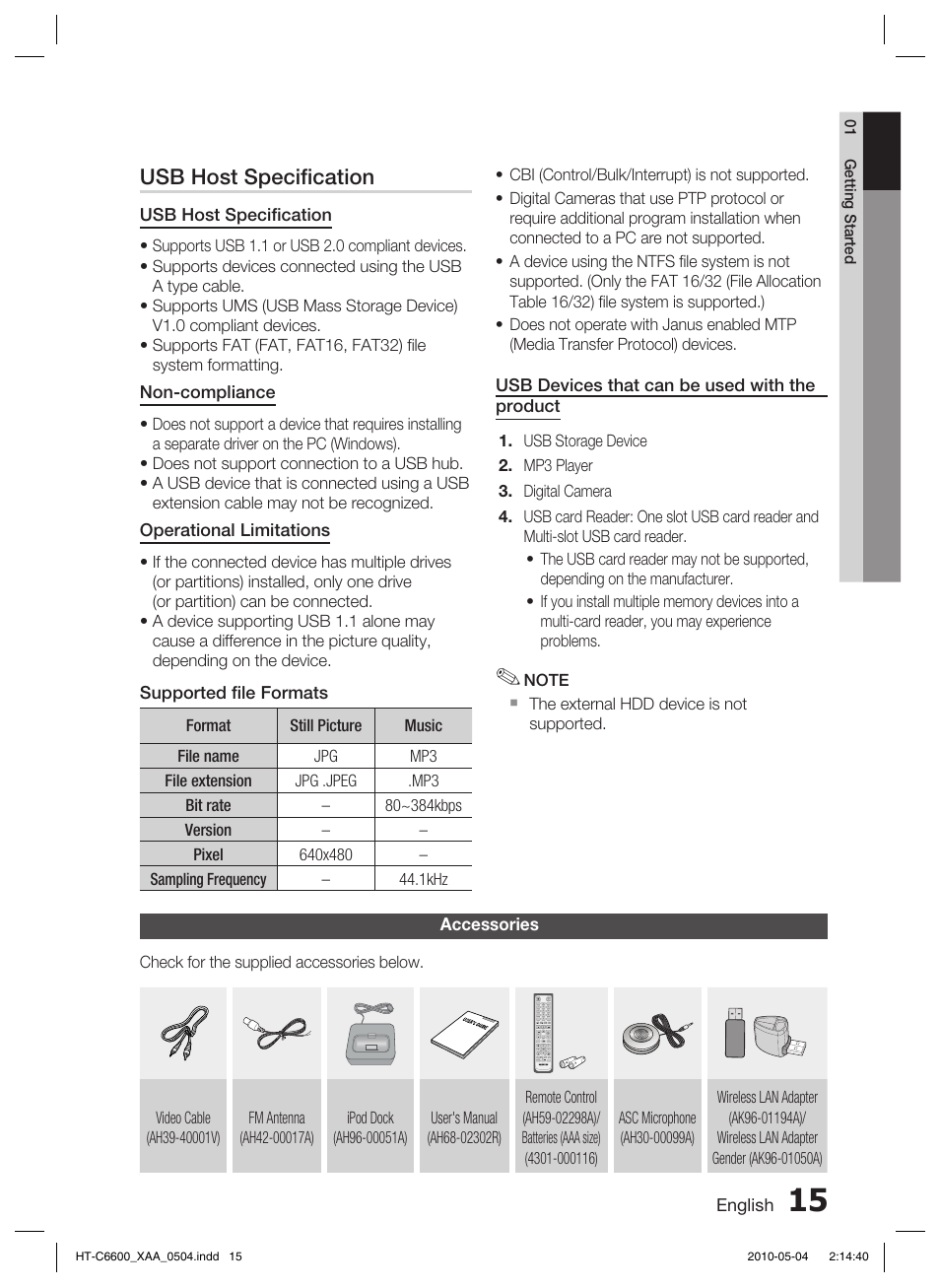 Accessories, Usb host speciﬁ cation | Samsung AH68-02302R User Manual | Page 15 / 73