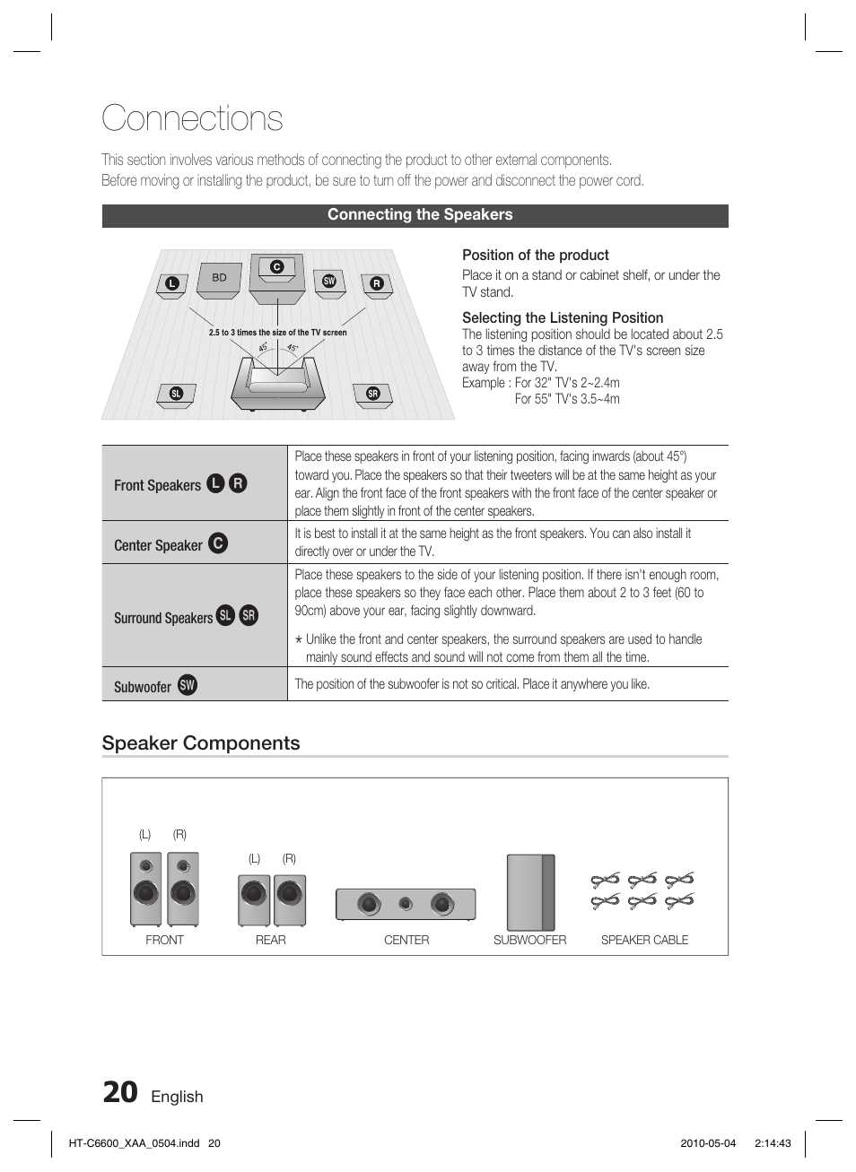 Connections, Connecting the speakers, Speaker components | Samsung AH68-02302R User Manual | Page 20 / 73